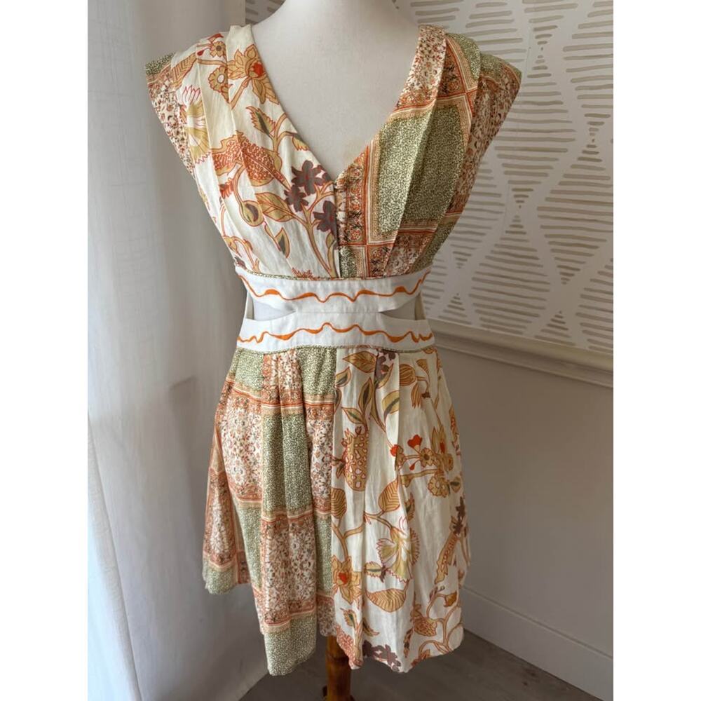 Women’s Medium Boho Patchwork Cutout Pleated Mini Dress